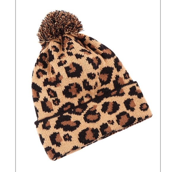 2/$25 - Leopard Print Knitted Pompom Beanie - Picture 3 of 4